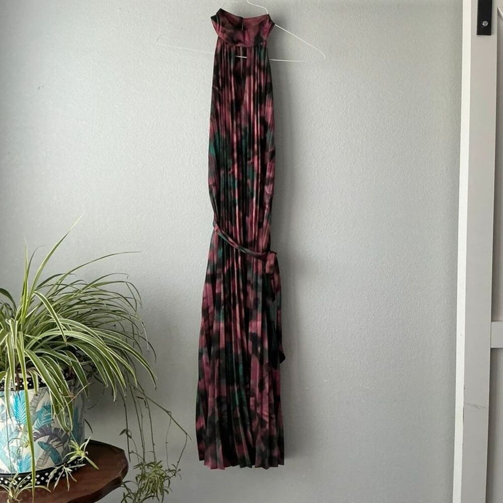 Tie Dye Fall Winter Pleated Halter Dress Medium Burgundy Black